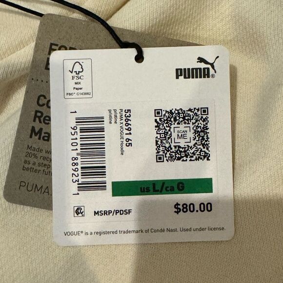 PUMA X VOGUE WOMEN’S WHITE OVERSIZED HOODIE WITH FRONT KANGAROO POUCH POCKETS - Picture 9 of 12